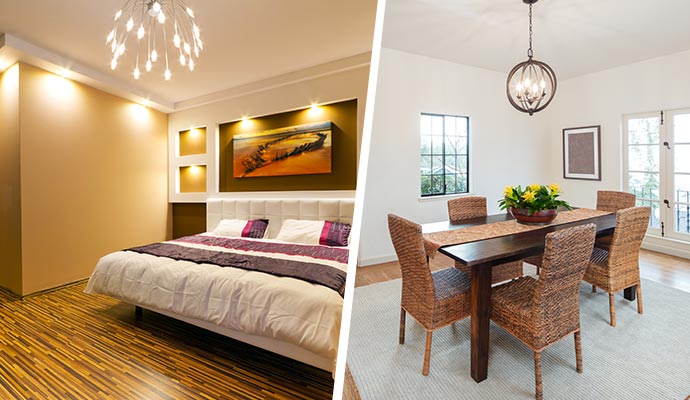 Collage of colorful bedroom and dining room
