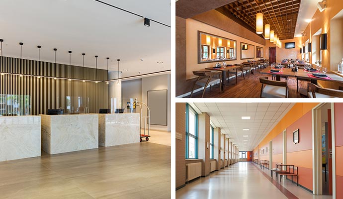 Collage of colorful hotel room, restaurant and school