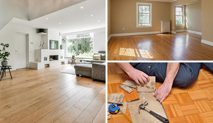 A collage showing refinished hardwood floors, an empty polished room and hands repairing parquet flooring
