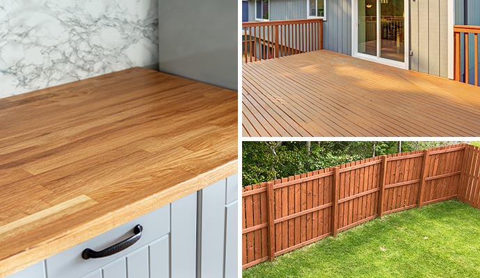 A collage showing stained and sealed wood surfaces including countertops, decks, siding, and fencing for enhanced protection and appearance