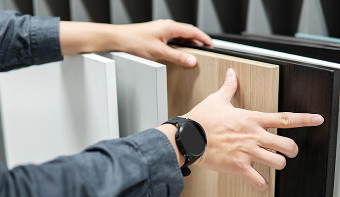 Person choosing cabinet material samples