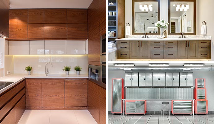 A collage showing refinished kitchen, bathroom and garage cabinets with clean finishes and modern designs