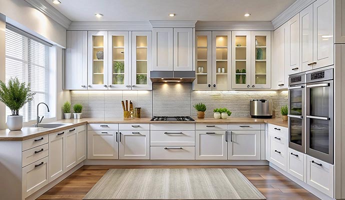 A bright modern kitchen featuring freshly refinished white cabinets with glass doors and a clean, elegant finish