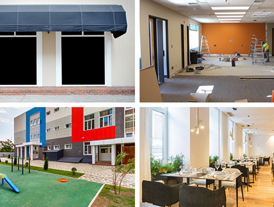 Collage of a storefront, an office renovation, a school, and a restaurant.