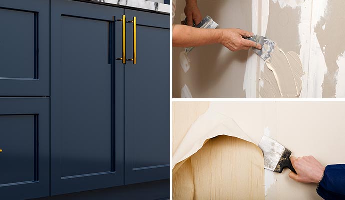 Collage of navy blue cabinets, drywall repair and wallpaper removal services