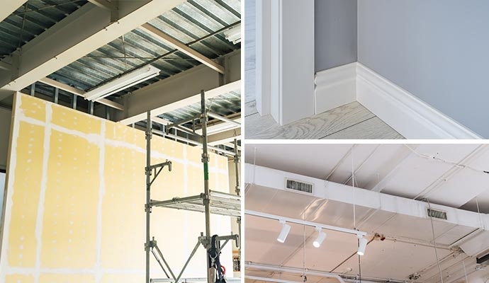 Collage of industrial warehouse interior including wall, ceiling and baseboard