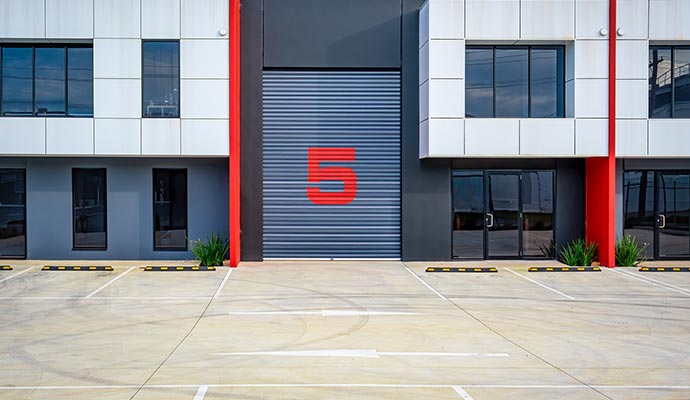 Exterior view of a large industrial warehouse building