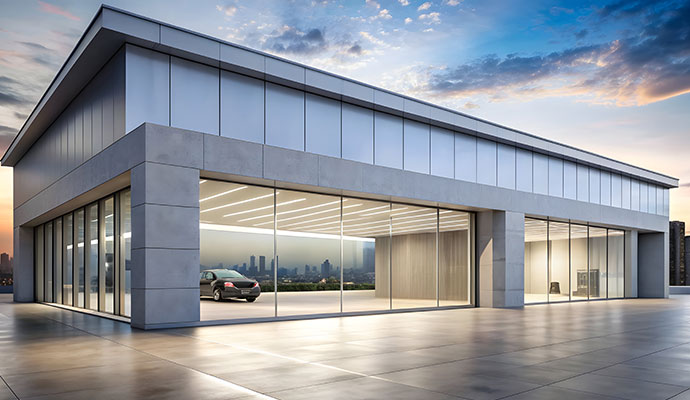 A modern commercial building with a clean grey exterior finish