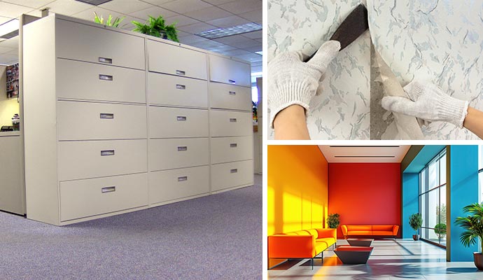 Collage of a large file cabinet in an office cubicle, hands stripping wallpaper, and a modern, brightly colored office lobby with orange couches