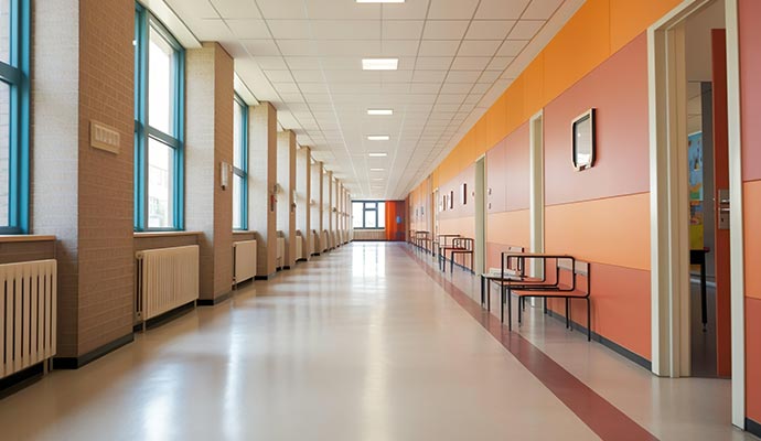 Interior of a school hallway with vibrant painted walls and organized layout