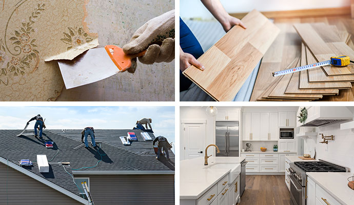 Collage of home renovation projects like roofing, flooring, and kitchen remodeling.