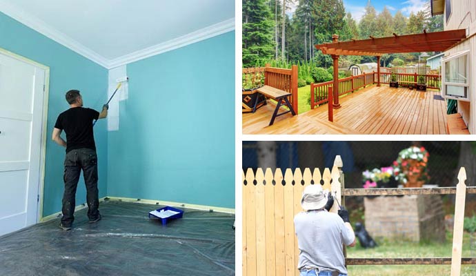 Collage of interior painting, installed deck and fence installation service
