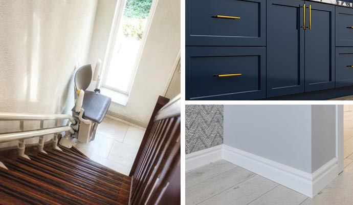Collage of painted stair rails, cabinet and baseboard